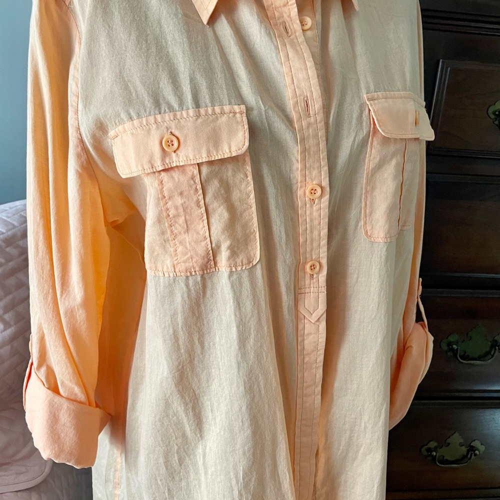 Chico's Semi Sheer peach orange Button Up Blouse Shirt 1 MEDIUM Roll Tab Sleeve